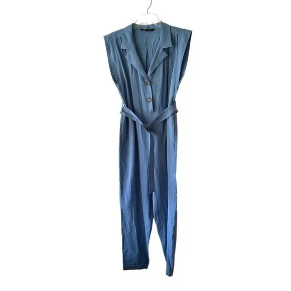 Zara Belted Jumpsuit Sleeveless Button Up Blue Size S